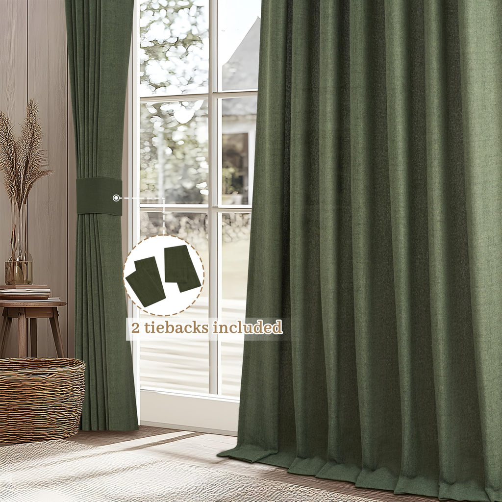 Dark Green 96 Inches Long Thick Linen 2 Panels Set Curtains B62228