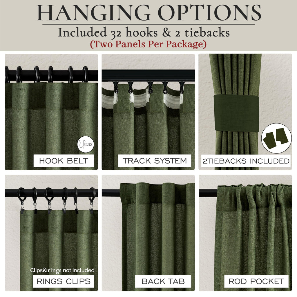 Dark Green 96 Inches Long Thick Linen 2 Panels Set Curtains B62228