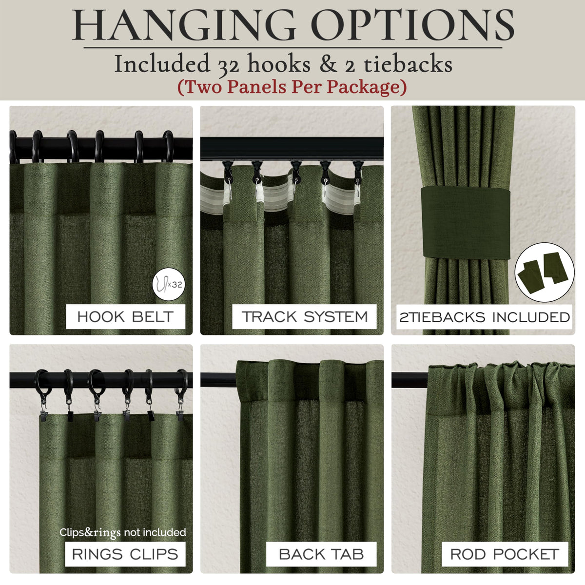 Dark Green 96 Inches Long Thick Linen 2 Panels Set Curtains B62228