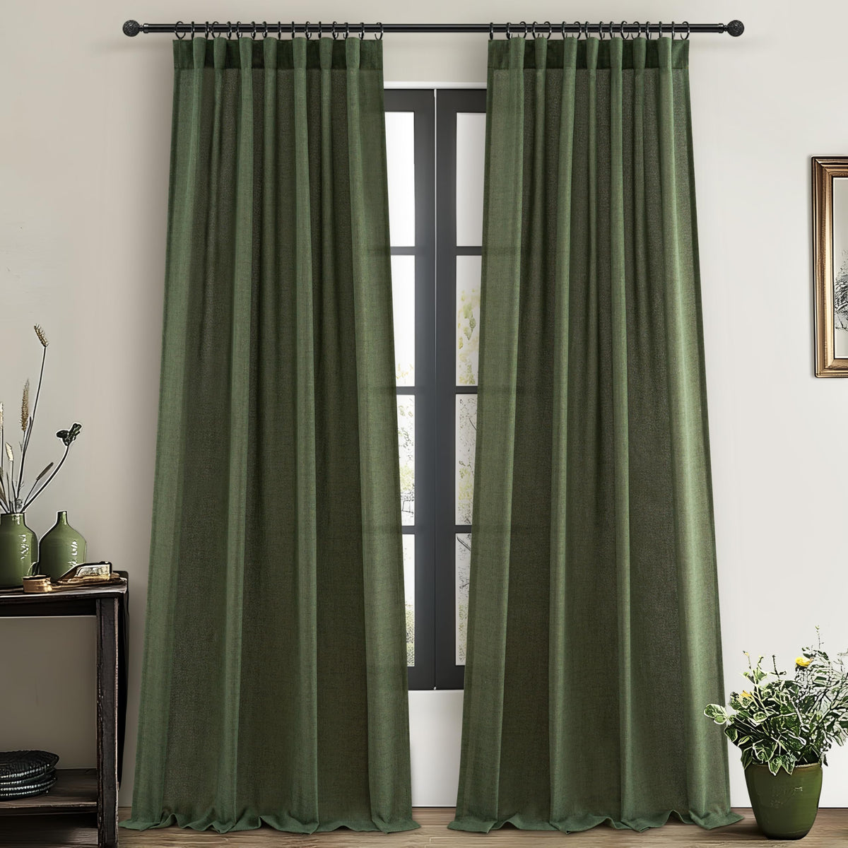 Dark Green 96 Inches Long Thick Linen 2 Panels Set Curtains B62228