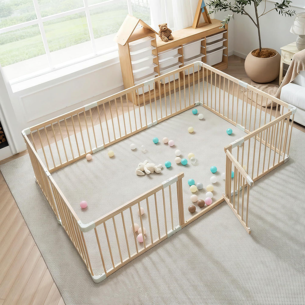 Foldable Wooden Baby Playpen with Gate Y58553