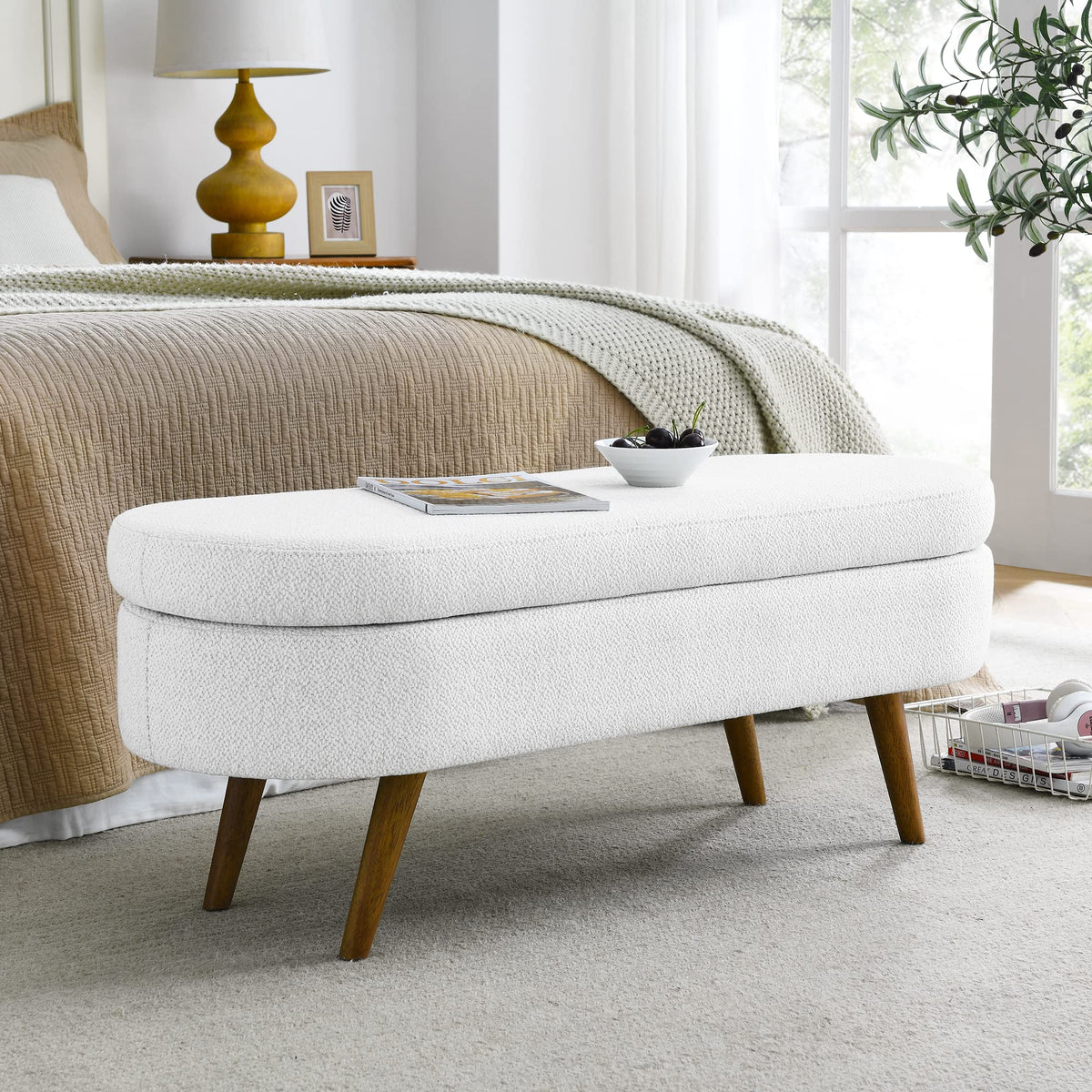 White Storage Bench with Rubber Wood Legs A7117