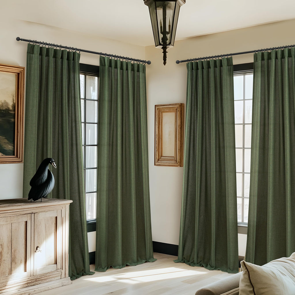 Dark Green 96 Inches Long Thick Linen 2 Panels Set Curtains B62228