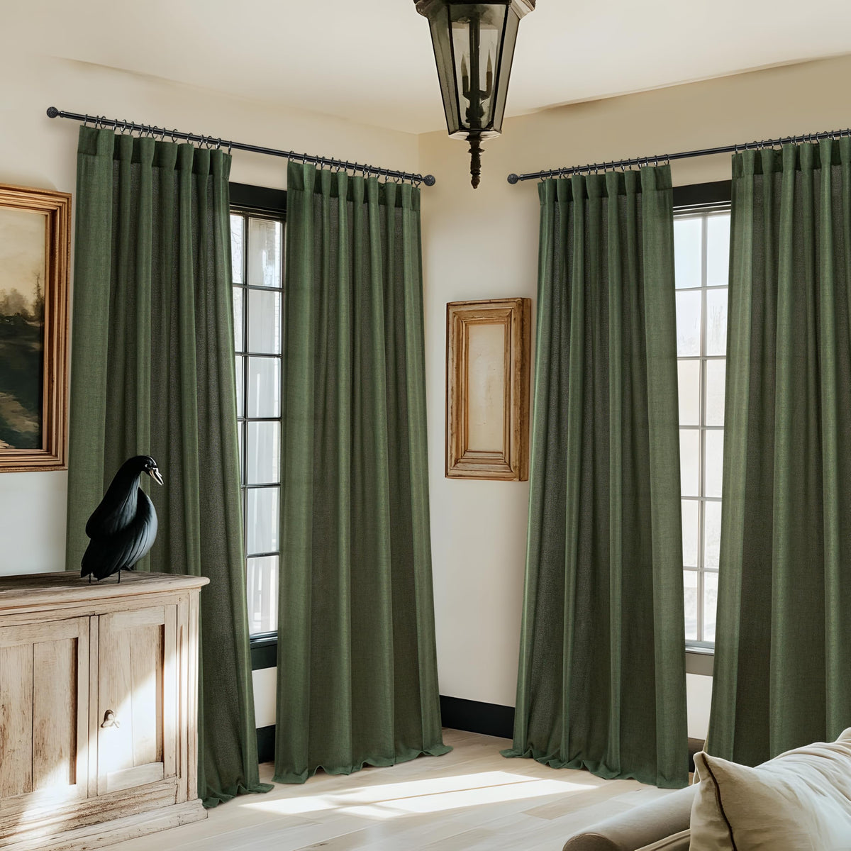 Dark Green 96 Inches Long Thick Linen 2 Panels Set Curtains B62228