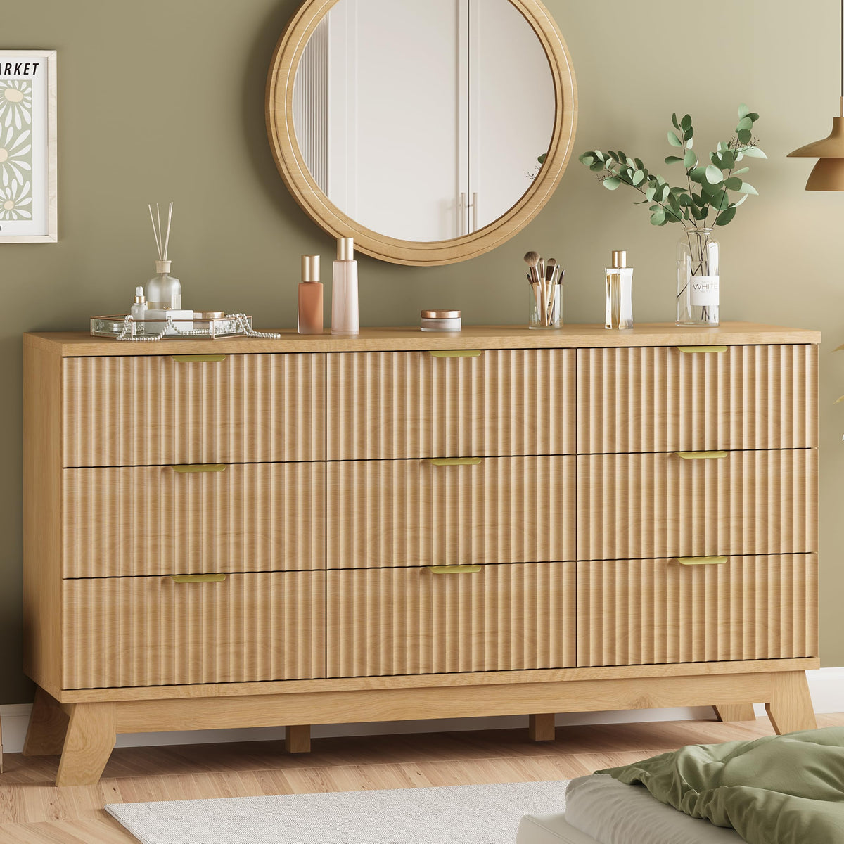 Natural Oak 9 Drawer Fluted Wood Dresser C6351