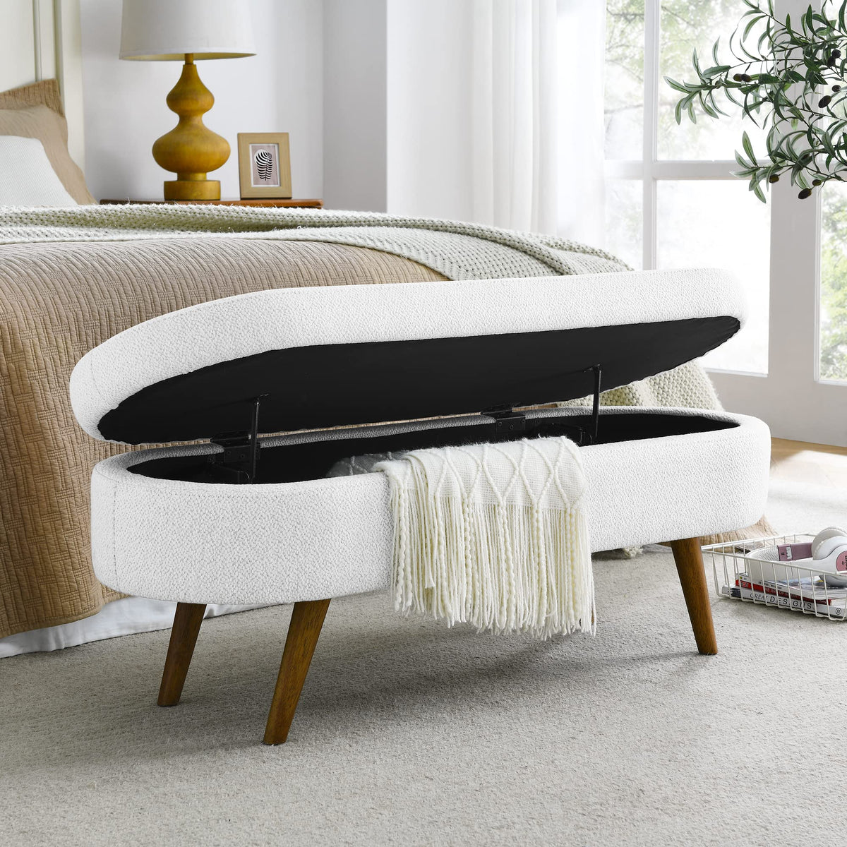White Storage Bench with Rubber Wood Legs A7117